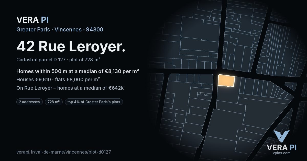 42 Rue Leroyer, Vincennes at night – the plot lit, the parcels around coloured by the prices near them