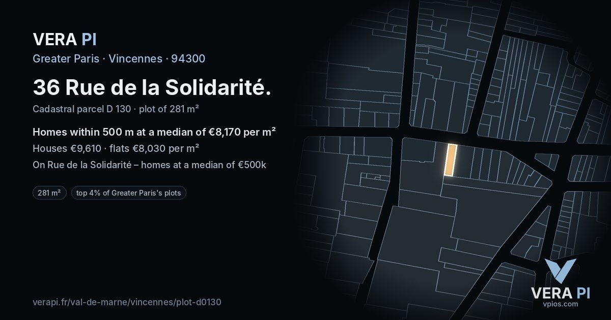 36 Rue de la Solidarité, Vincennes at night – the plot lit, the parcels around coloured by the prices near them