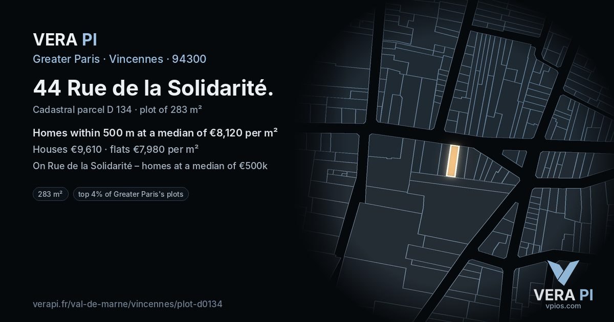44 Rue de la Solidarité, Vincennes at night – the plot lit, the parcels around coloured by the prices near them
