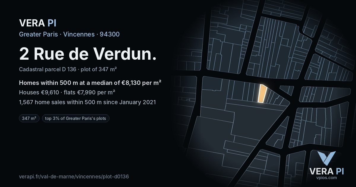 2 Rue de Verdun, Vincennes at night – the plot lit, the parcels around coloured by the prices near them