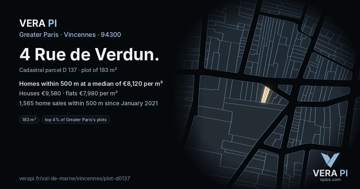 4 Rue de Verdun, Vincennes at night – the plot lit, the parcels around coloured by the prices near them