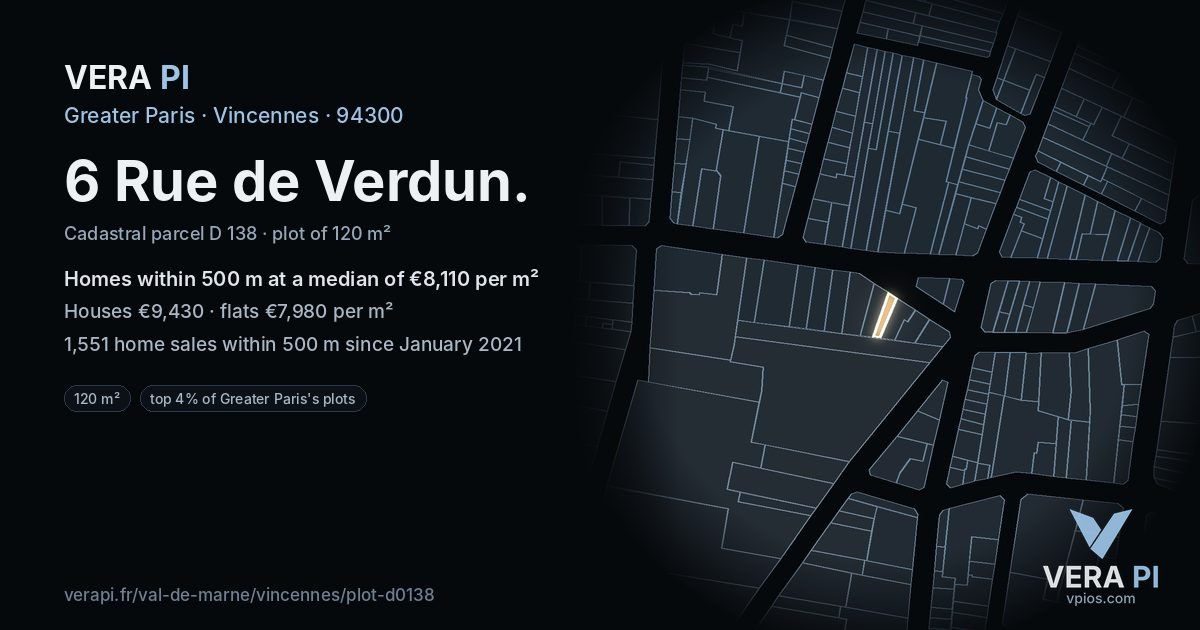 6 Rue de Verdun, Vincennes at night – the plot lit, the parcels around coloured by the prices near them