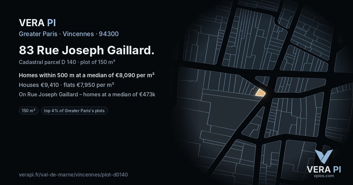 83 Rue Joseph Gaillard, Vincennes at night – the plot lit, the parcels around coloured by the prices near them