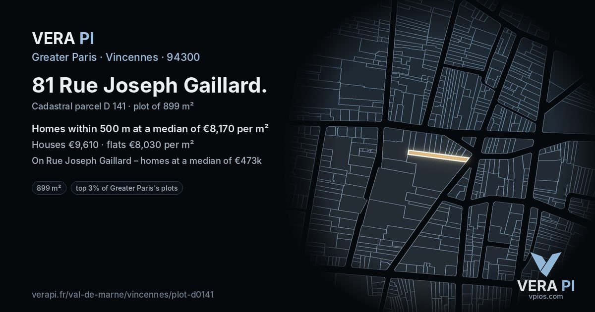 81 Rue Joseph Gaillard, Vincennes at night – the plot lit, the parcels around coloured by the prices near them