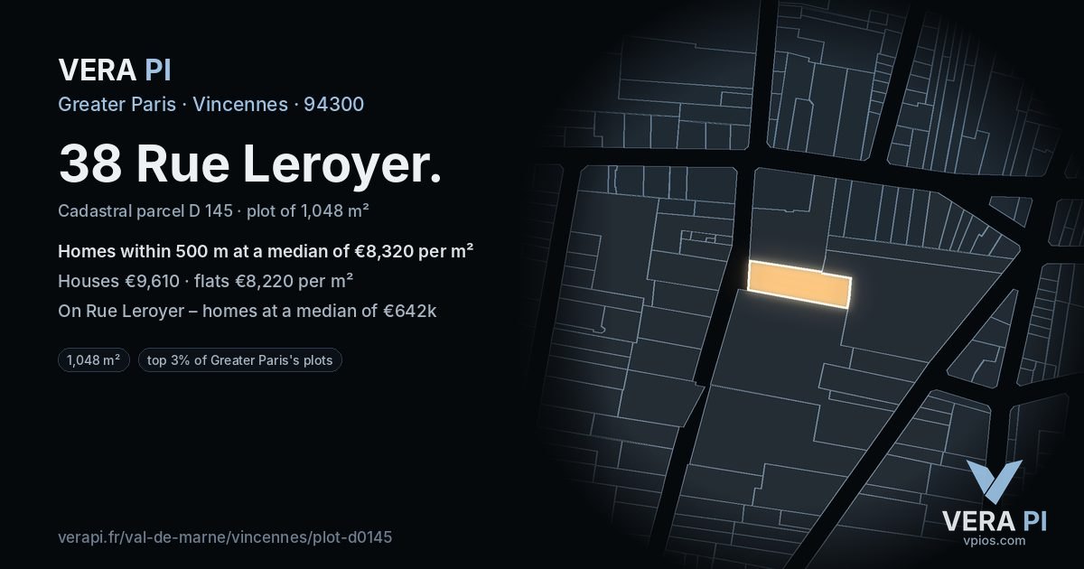 38 Rue Leroyer, Vincennes at night – the plot lit, the parcels around coloured by the prices near them