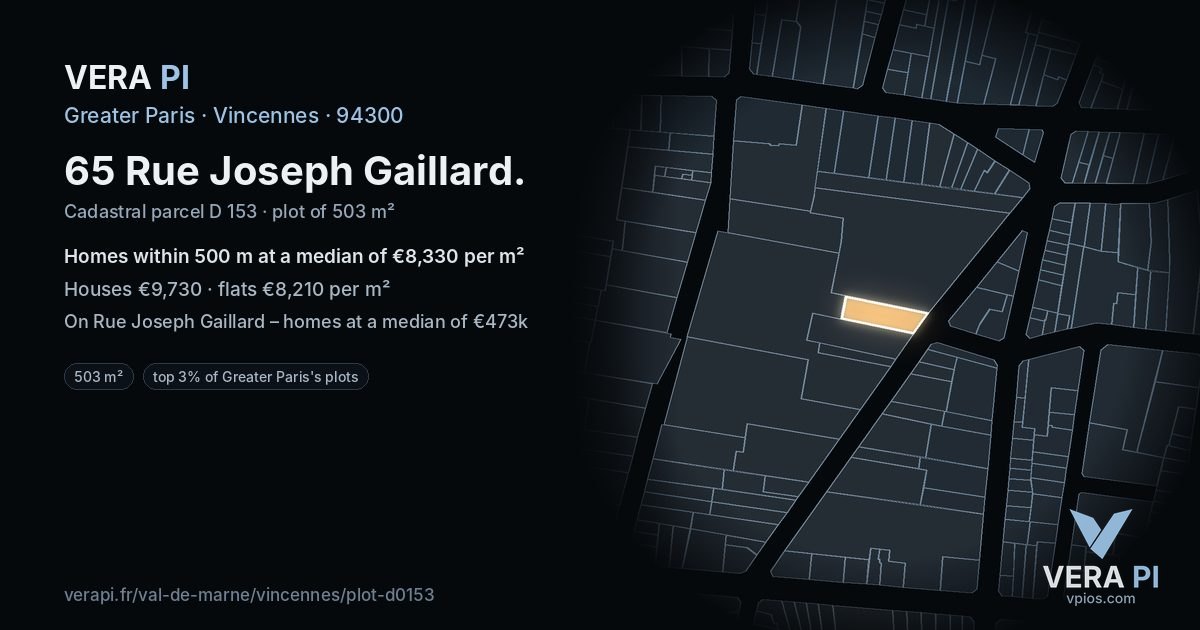 65 Rue Joseph Gaillard, Vincennes at night – the plot lit, the parcels around coloured by the prices near them
