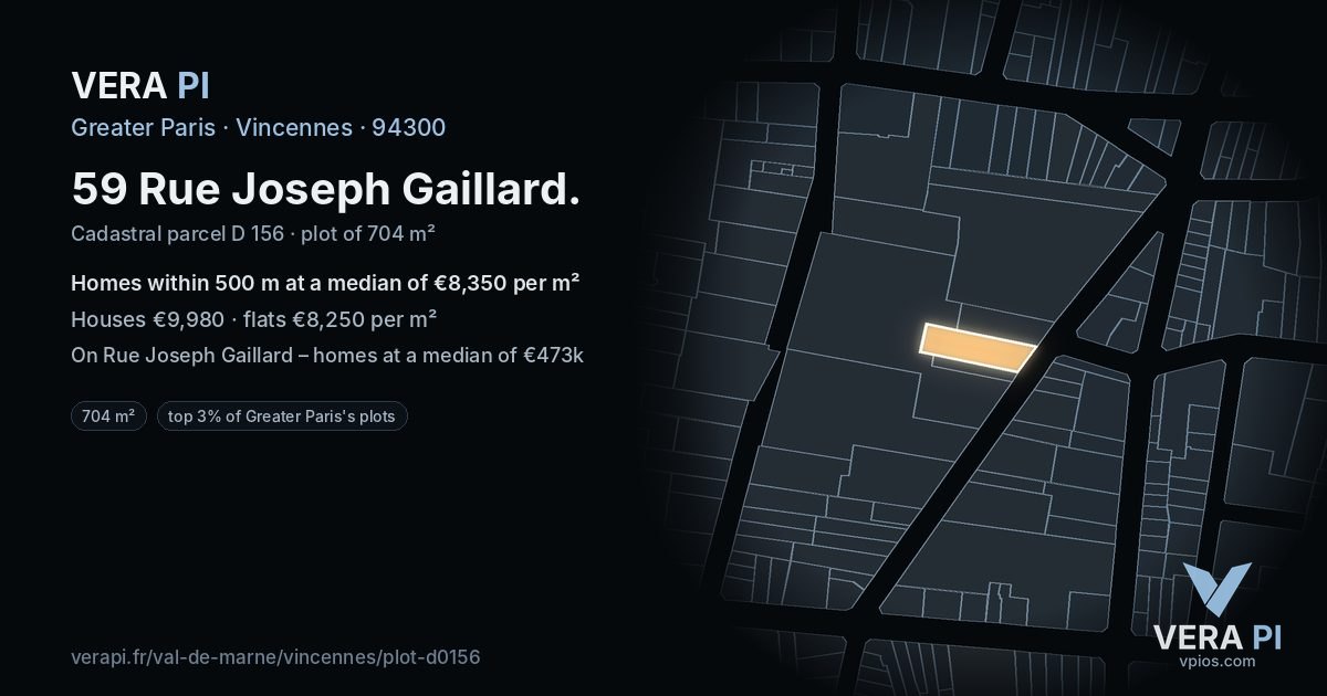 59 Rue Joseph Gaillard, Vincennes at night – the plot lit, the parcels around coloured by the prices near them