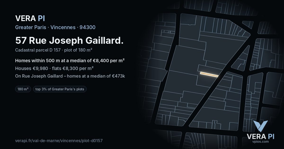 57 Rue Joseph Gaillard, Vincennes at night – the plot lit, the parcels around coloured by the prices near them