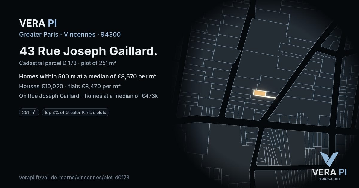 43 Rue Joseph Gaillard, Vincennes at night – the plot lit, the parcels around coloured by the prices near them