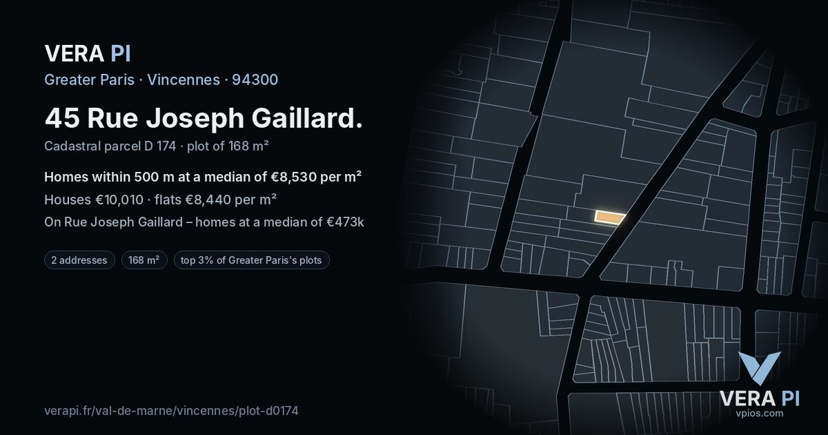 45 Rue Joseph Gaillard, Vincennes at night – the plot lit, the parcels around coloured by the prices near them