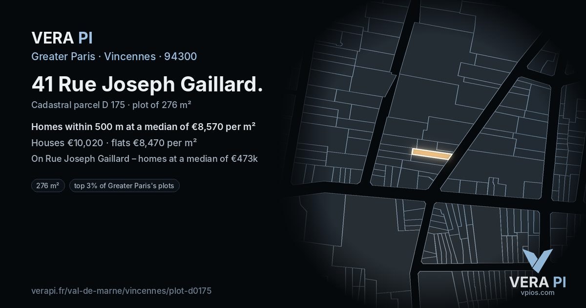 41 Rue Joseph Gaillard, Vincennes at night – the plot lit, the parcels around coloured by the prices near them