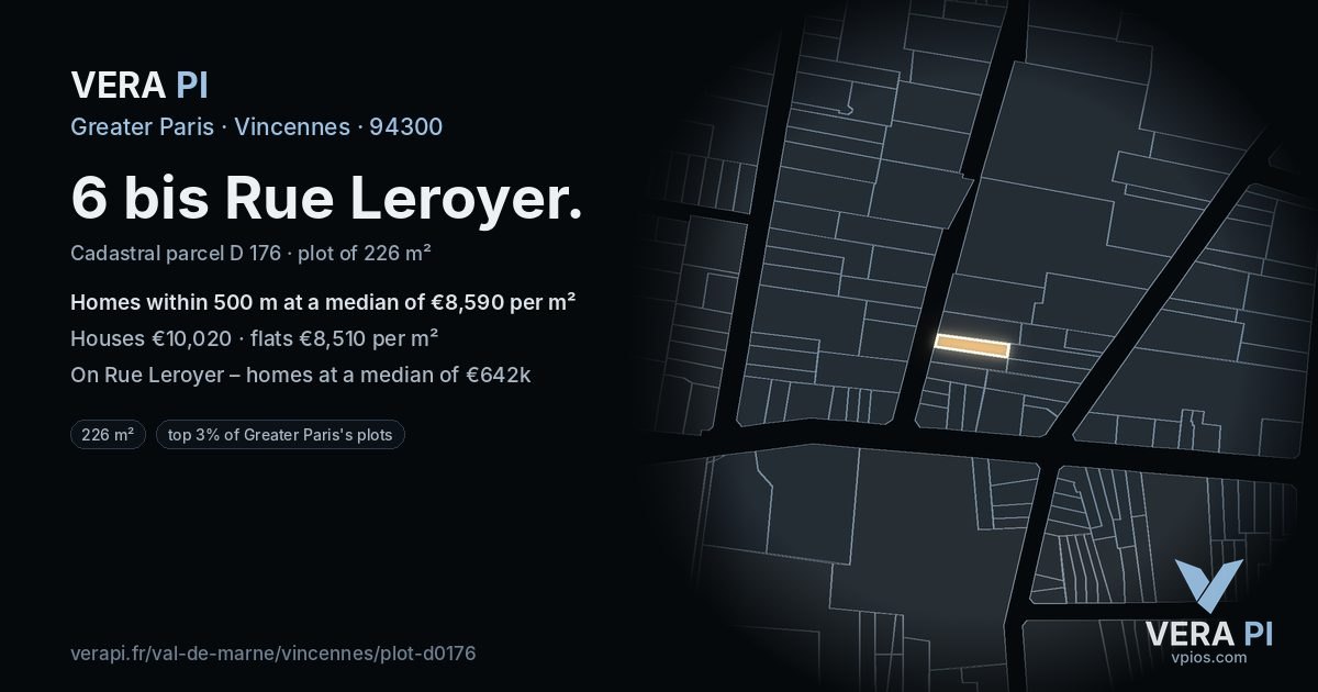 6 bis Rue Leroyer, Vincennes at night – the plot lit, the parcels around coloured by the prices near them