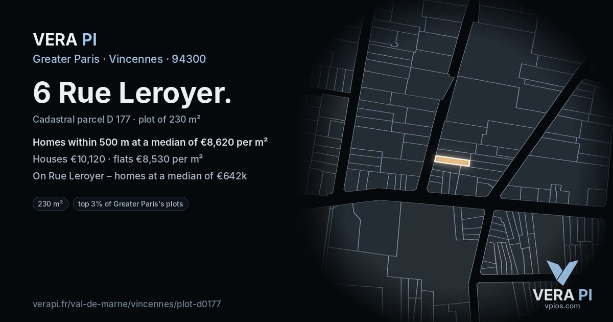 6 Rue Leroyer, Vincennes at night – the plot lit, the parcels around coloured by the prices near them