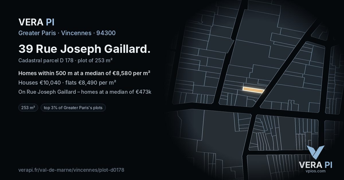39 Rue Joseph Gaillard, Vincennes at night – the plot lit, the parcels around coloured by the prices near them
