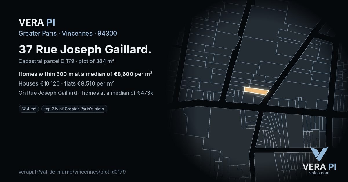 37 Rue Joseph Gaillard, Vincennes at night – the plot lit, the parcels around coloured by the prices near them