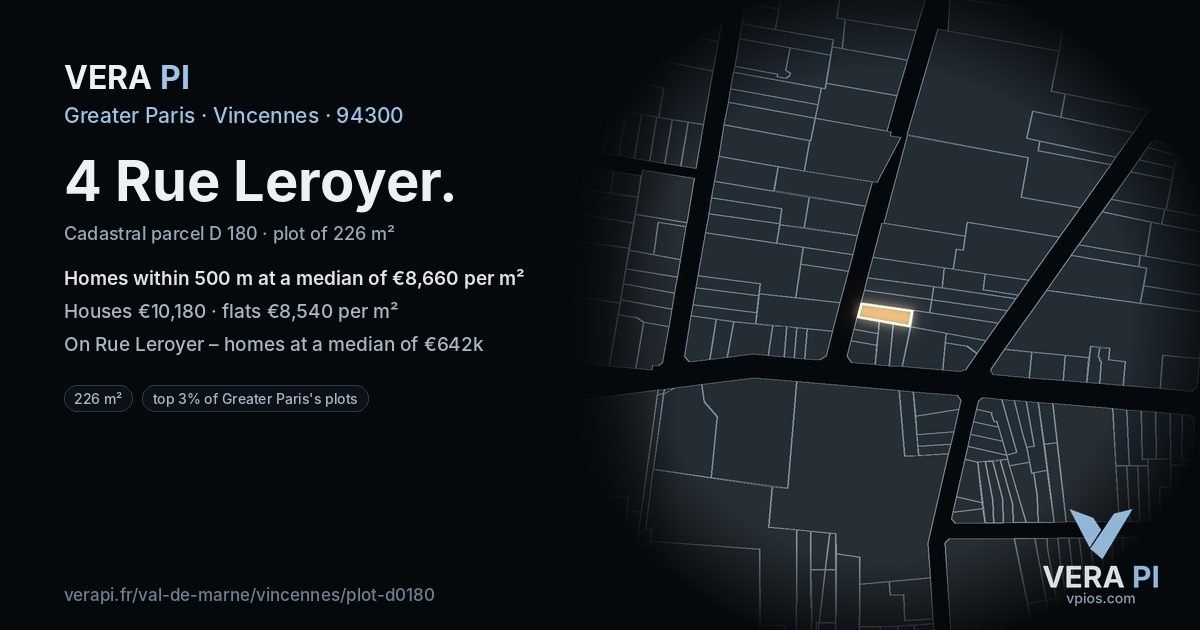 4 Rue Leroyer, Vincennes at night – the plot lit, the parcels around coloured by the prices near them