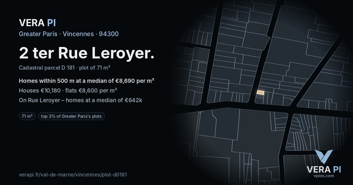 2 ter Rue Leroyer, Vincennes at night – the plot lit, the parcels around coloured by the prices near them