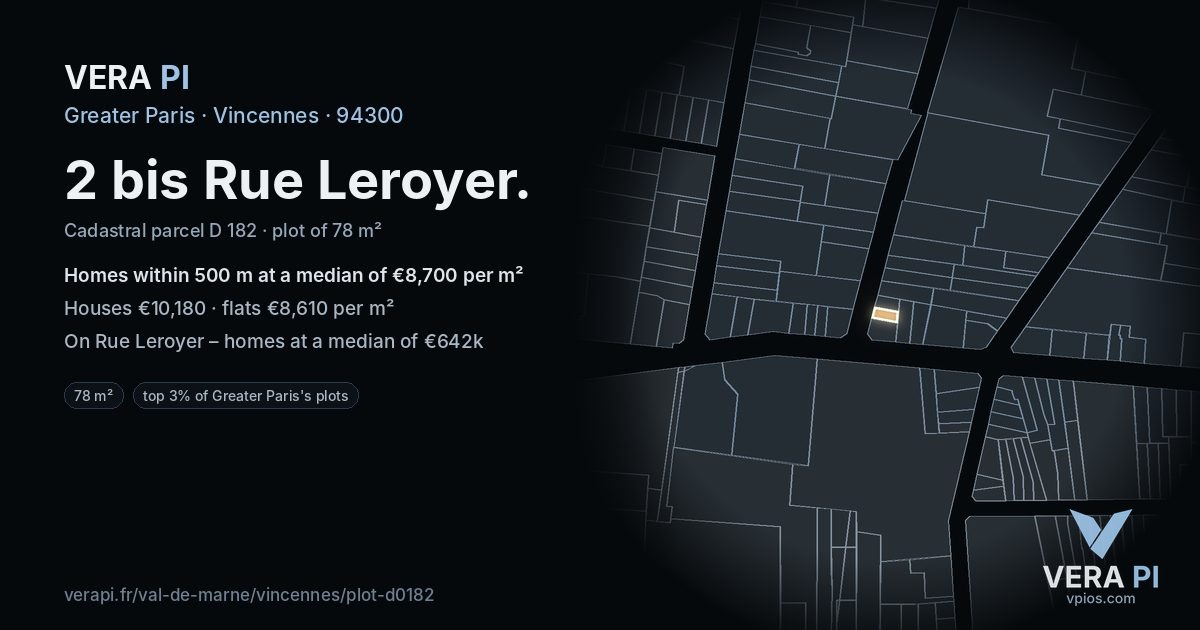 2 bis Rue Leroyer, Vincennes at night – the plot lit, the parcels around coloured by the prices near them