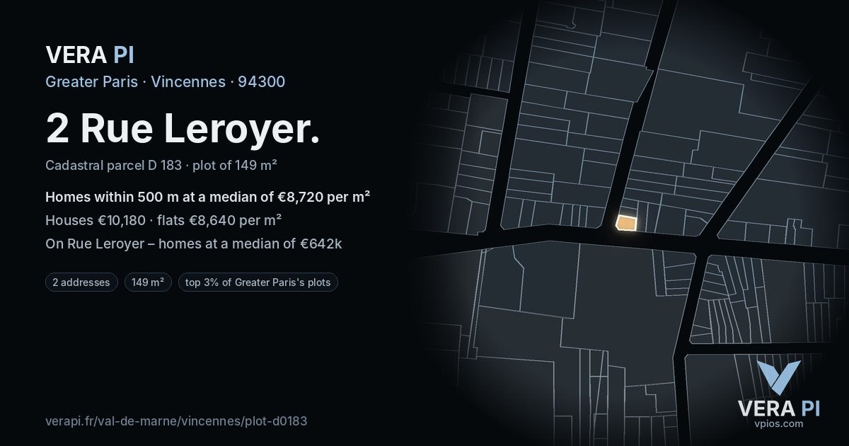 2 Rue Leroyer, Vincennes at night – the plot lit, the parcels around coloured by the prices near them
