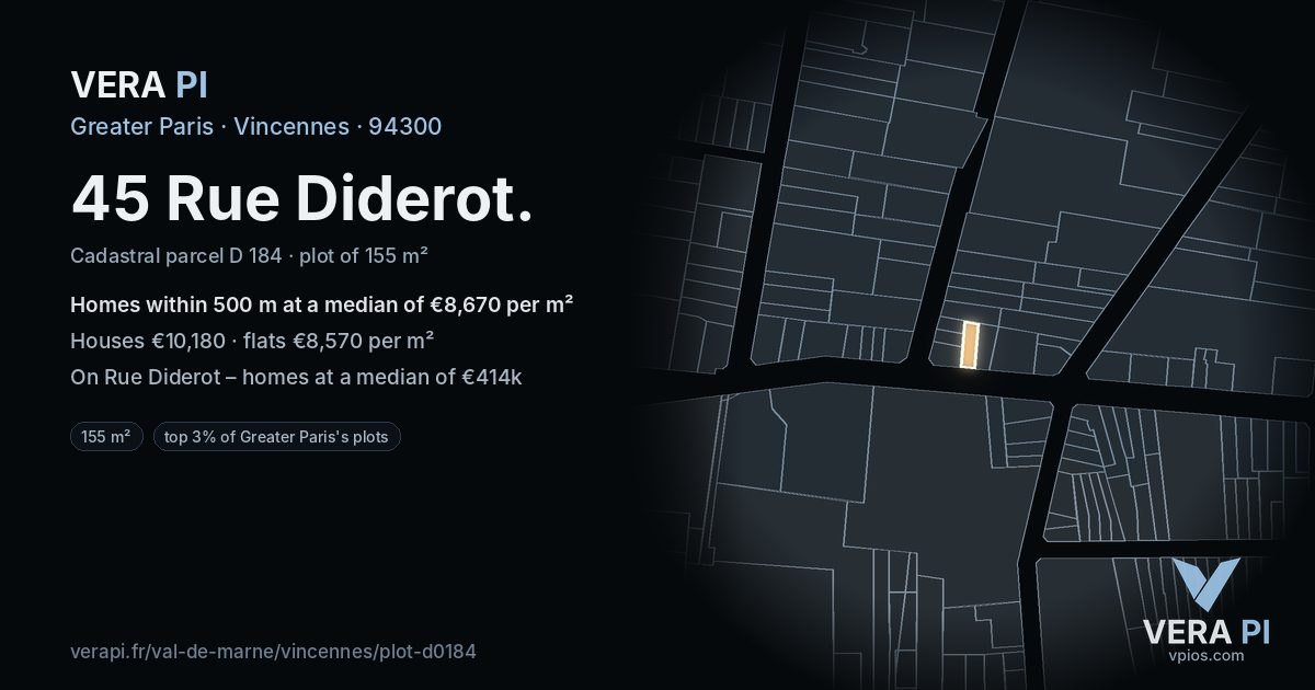 45 Rue Diderot, Vincennes at night – the plot lit, the parcels around coloured by the prices near them