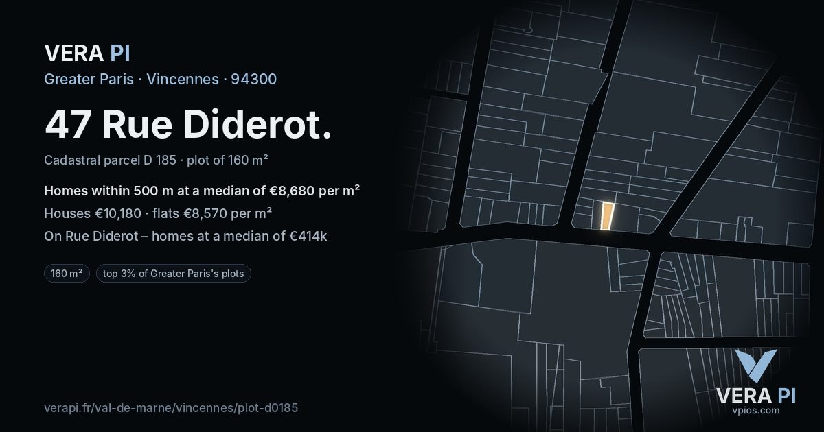 47 Rue Diderot, Vincennes at night – the plot lit, the parcels around coloured by the prices near them