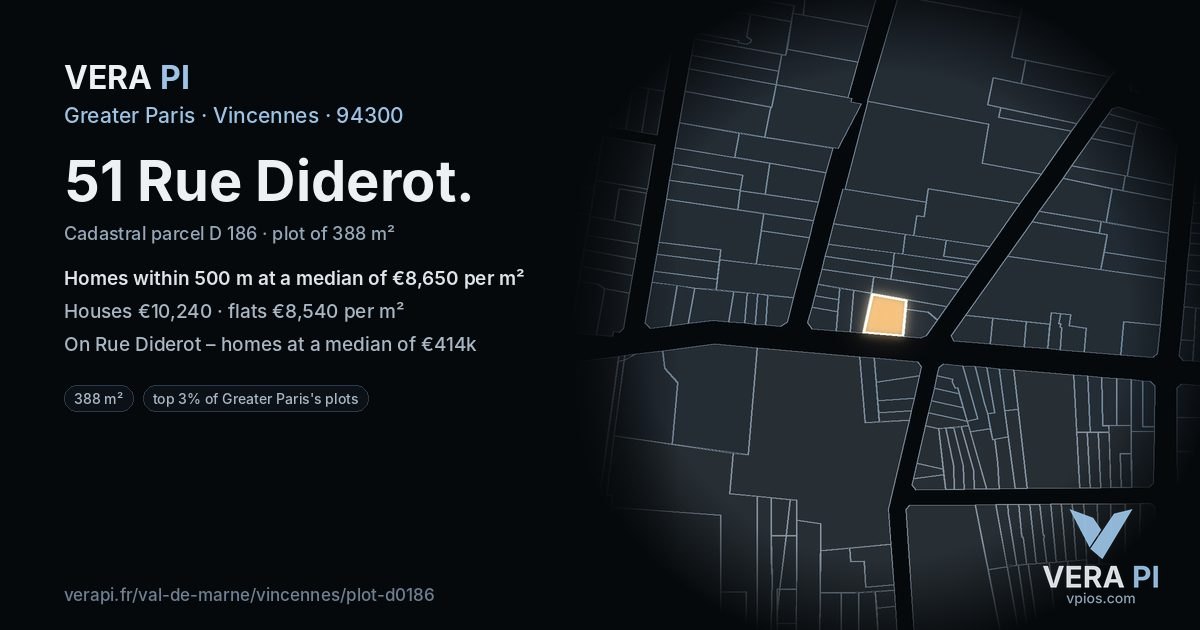 51 Rue Diderot, Vincennes at night – the plot lit, the parcels around coloured by the prices near them
