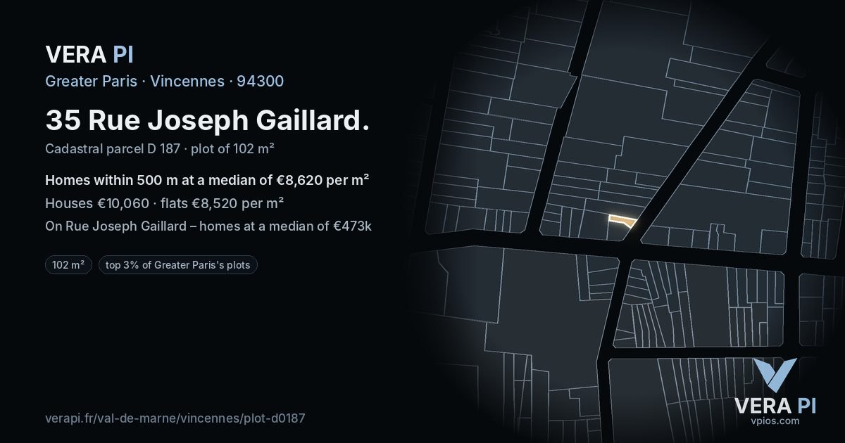 35 Rue Joseph Gaillard, Vincennes at night – the plot lit, the parcels around coloured by the prices near them
