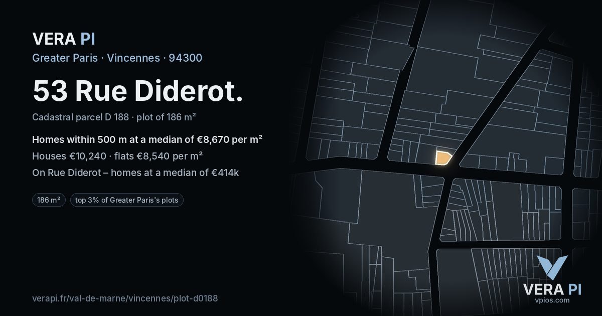 53 Rue Diderot, Vincennes at night – the plot lit, the parcels around coloured by the prices near them