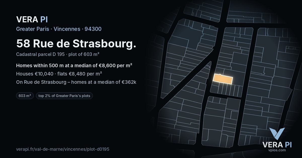 58 Rue de Strasbourg, Vincennes at night – the plot lit, the parcels around coloured by the prices near them