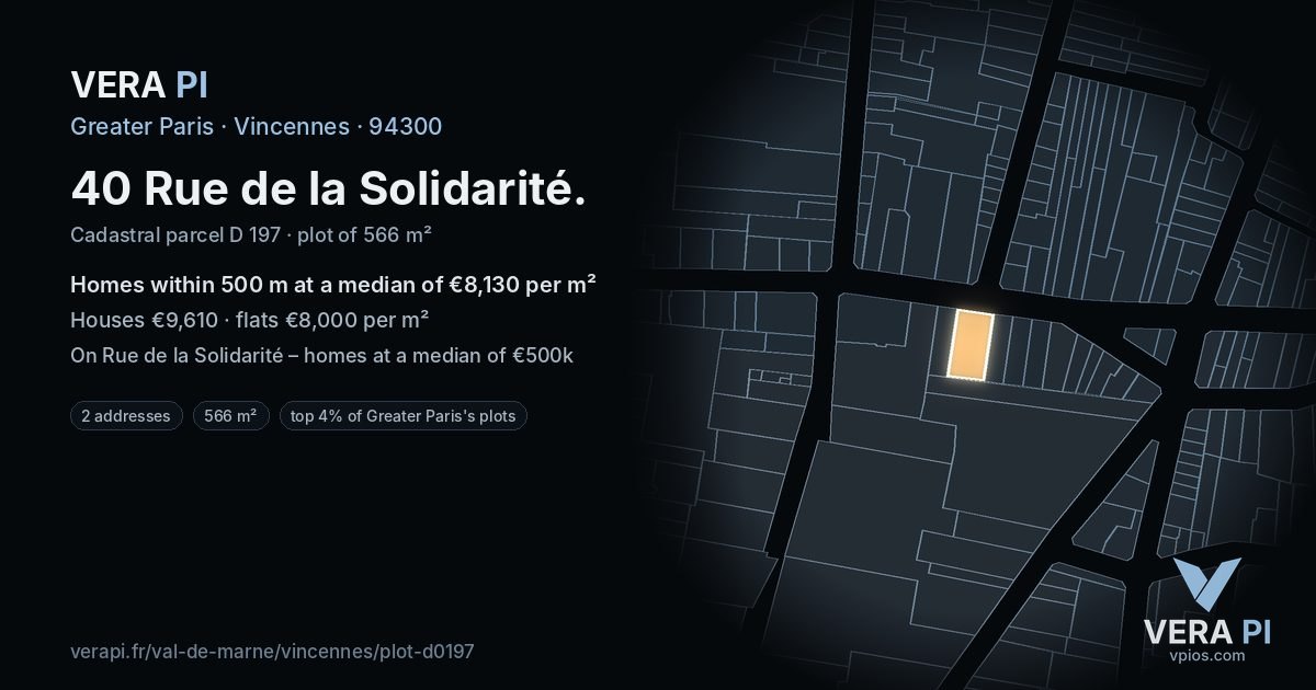40 Rue de la Solidarité, Vincennes at night – the plot lit, the parcels around coloured by the prices near them