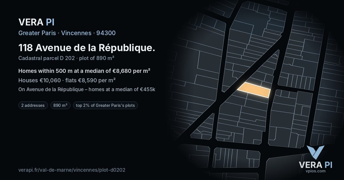 118 Avenue de la République, Vincennes at night – the plot lit, the parcels around coloured by the prices near them