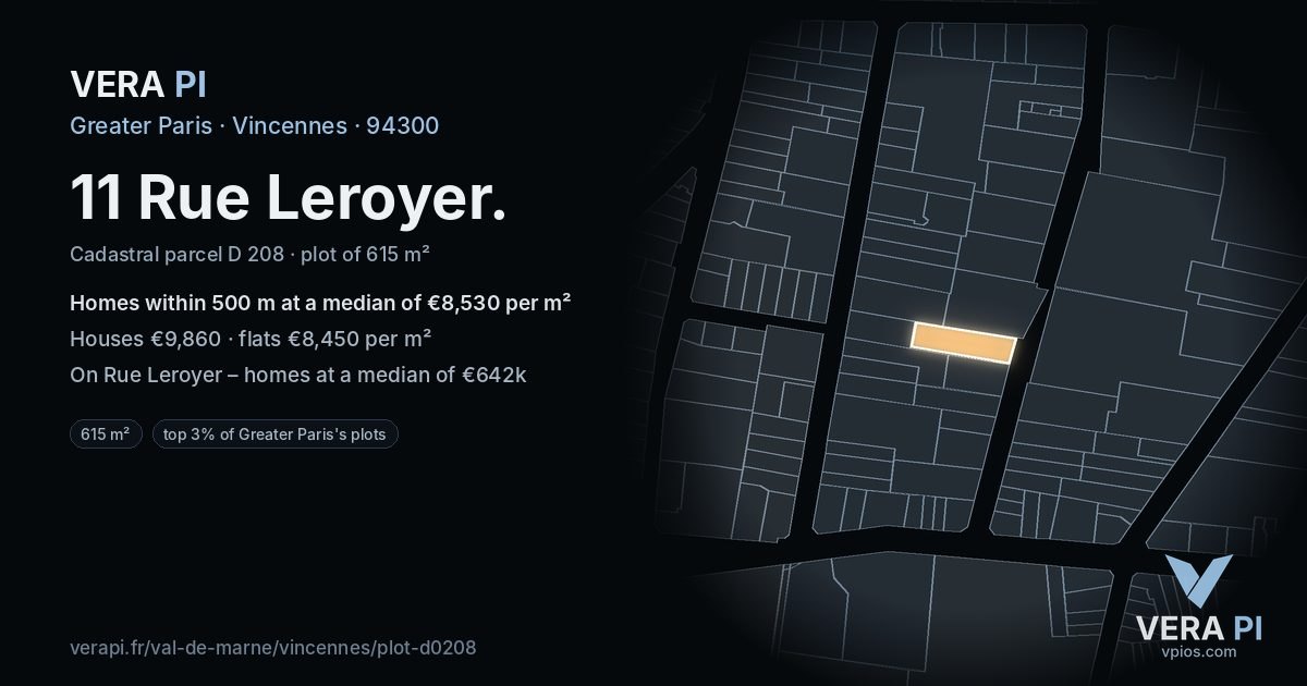 11 Rue Leroyer, Vincennes at night – the plot lit, the parcels around coloured by the prices near them