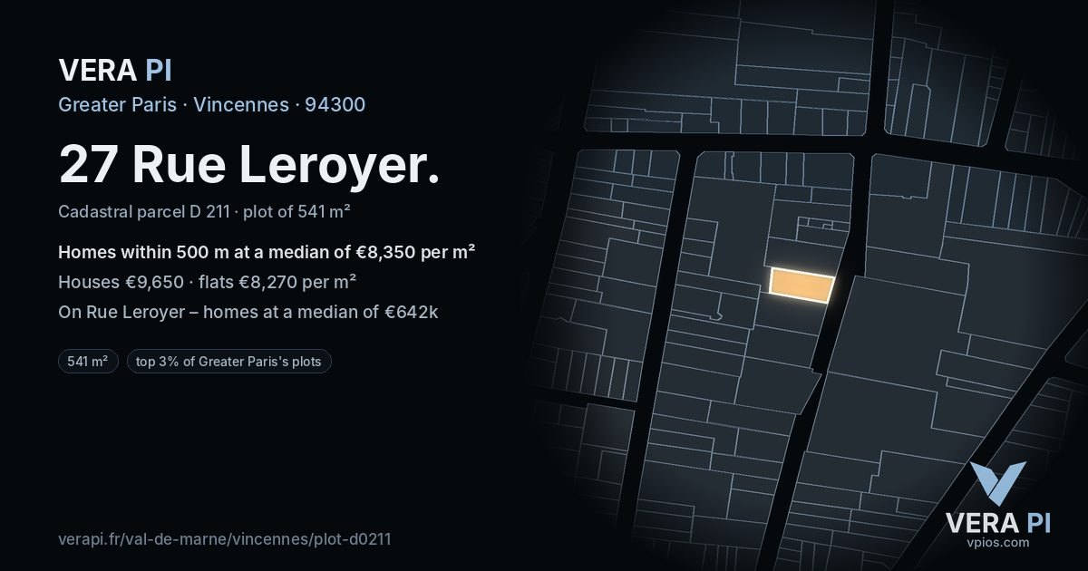 27 Rue Leroyer, Vincennes at night – the plot lit, the parcels around coloured by the prices near them