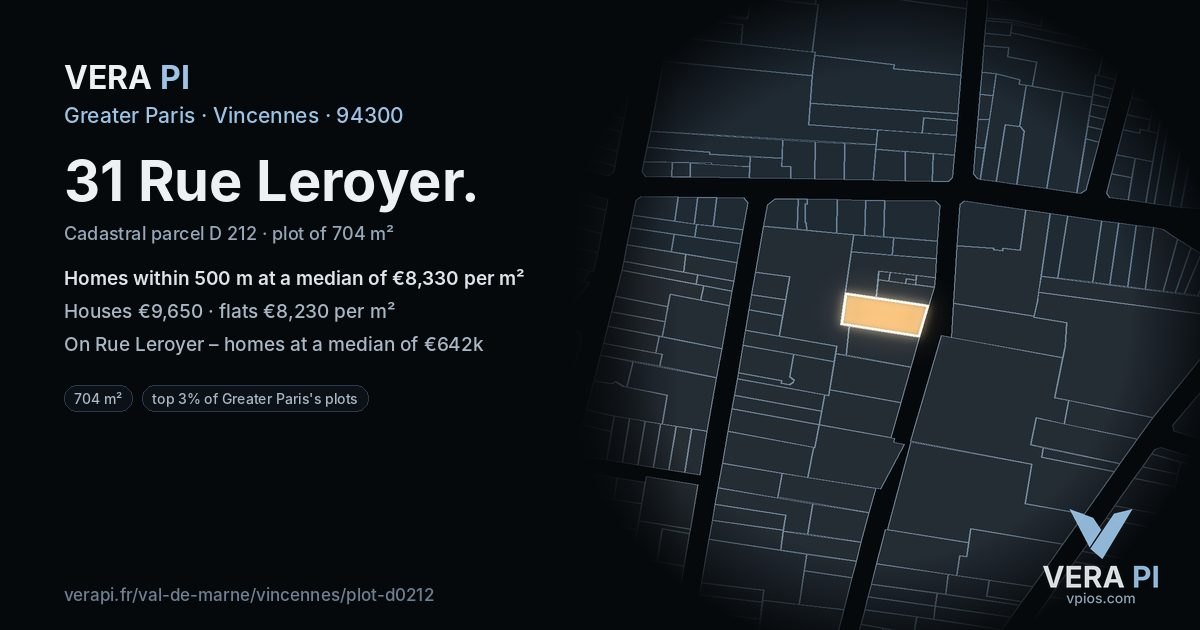 31 Rue Leroyer, Vincennes at night – the plot lit, the parcels around coloured by the prices near them
