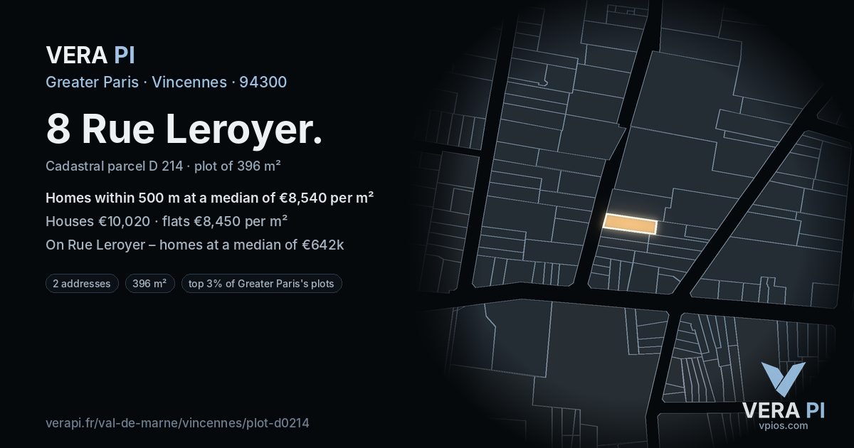 8 Rue Leroyer, Vincennes at night – the plot lit, the parcels around coloured by the prices near them