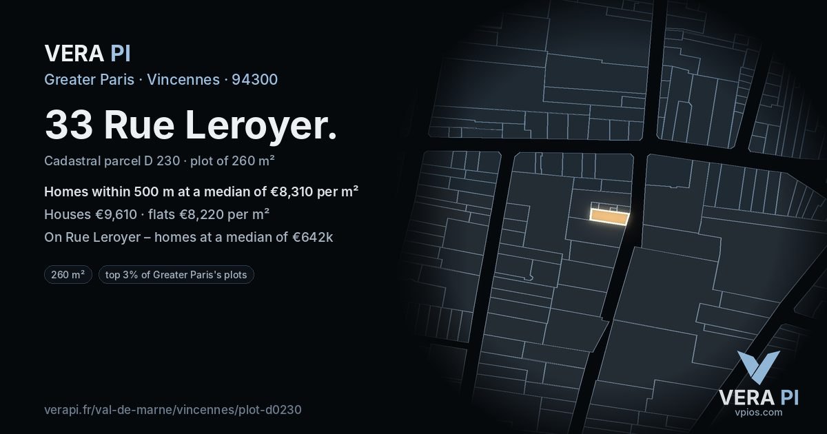 33 Rue Leroyer, Vincennes at night – the plot lit, the parcels around coloured by the prices near them