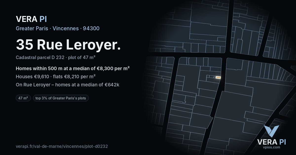 35 Rue Leroyer, Vincennes at night – the plot lit, the parcels around coloured by the prices near them