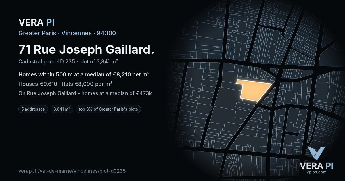 71 Rue Joseph Gaillard, Vincennes at night – the plot lit, the parcels around coloured by the prices near them