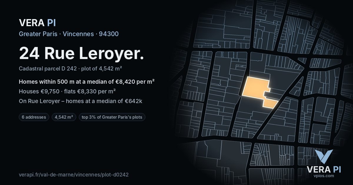 24 Rue Leroyer, Vincennes at night – the plot lit, the parcels around coloured by the prices near them