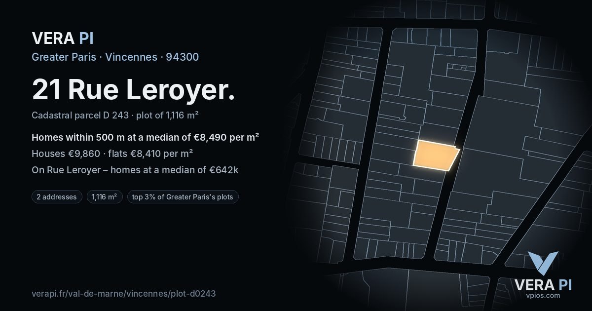 21 Rue Leroyer, Vincennes at night – the plot lit, the parcels around coloured by the prices near them