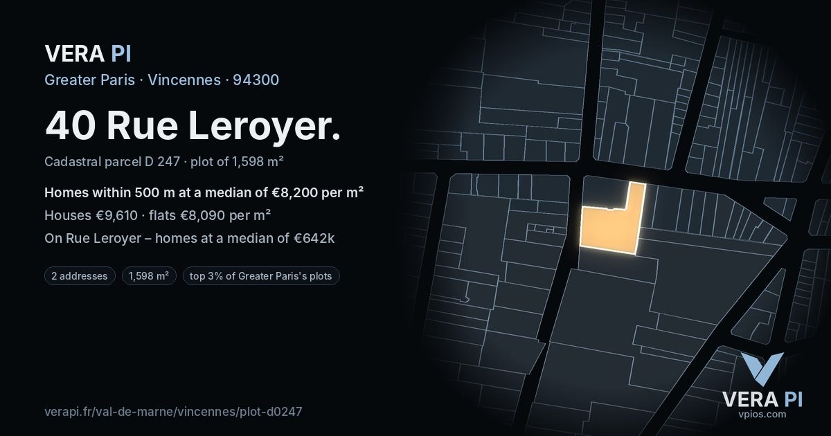 40 Rue Leroyer, Vincennes at night – the plot lit, the parcels around coloured by the prices near them