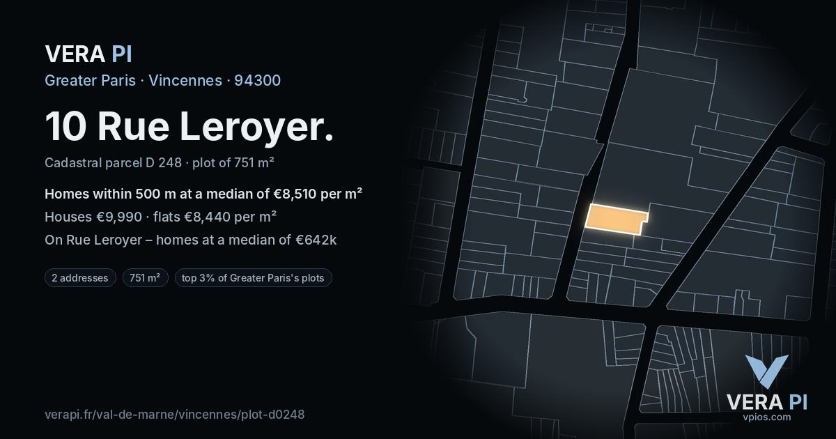 10 Rue Leroyer, Vincennes at night – the plot lit, the parcels around coloured by the prices near them