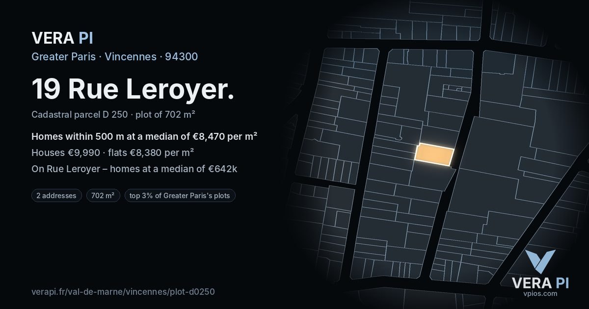 19 Rue Leroyer, Vincennes at night – the plot lit, the parcels around coloured by the prices near them