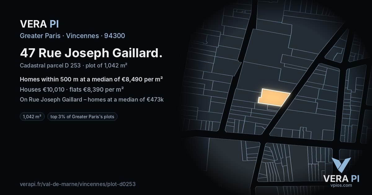 47 Rue Joseph Gaillard, Vincennes at night – the plot lit, the parcels around coloured by the prices near them