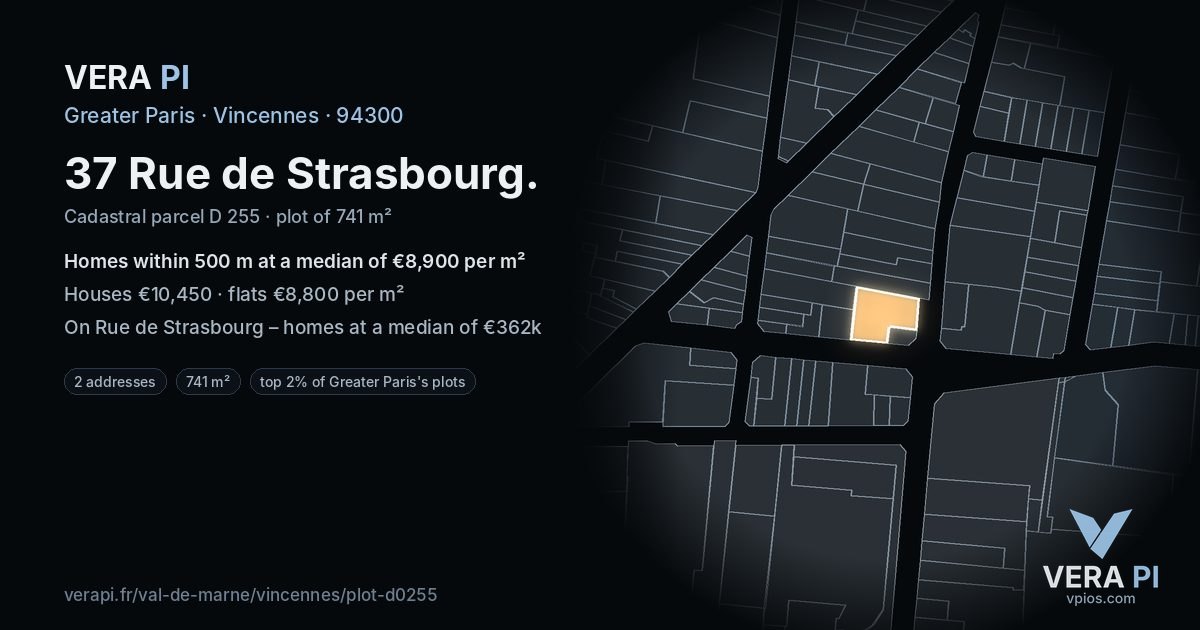 37 Rue de Strasbourg, Vincennes at night – the plot lit, the parcels around coloured by the prices near them