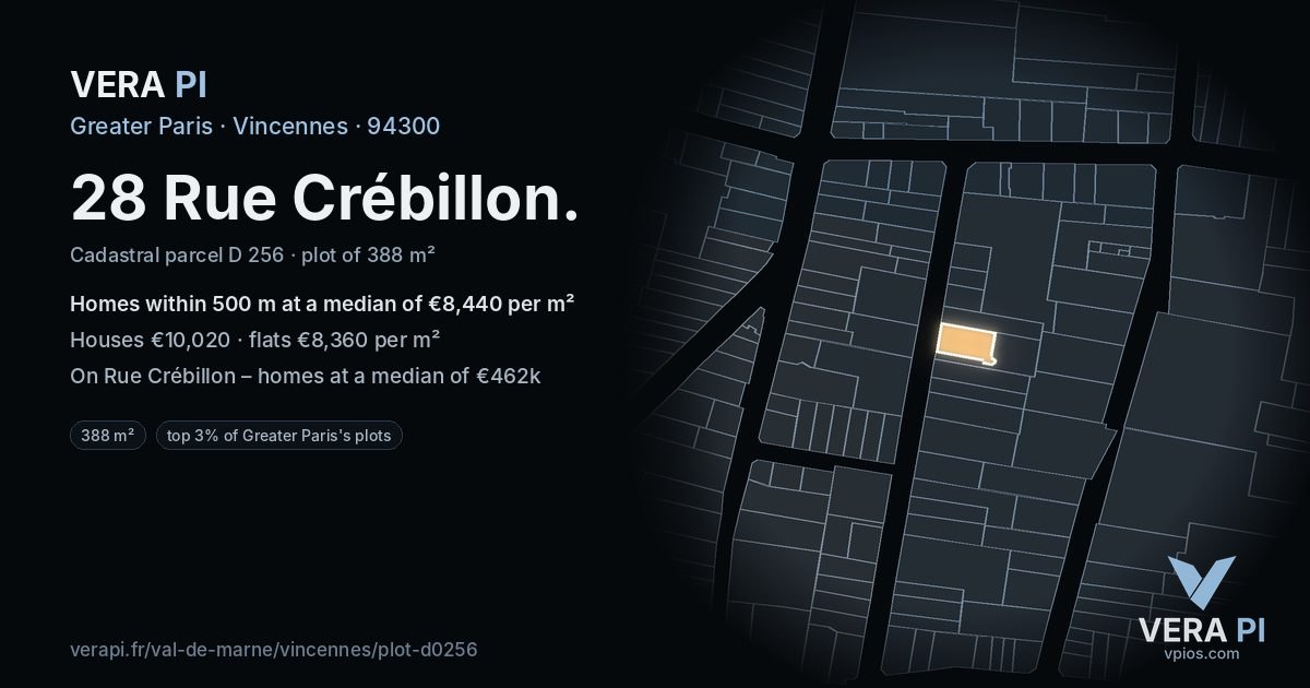28 Rue Crébillon, Vincennes at night – the plot lit, the parcels around coloured by the prices near them