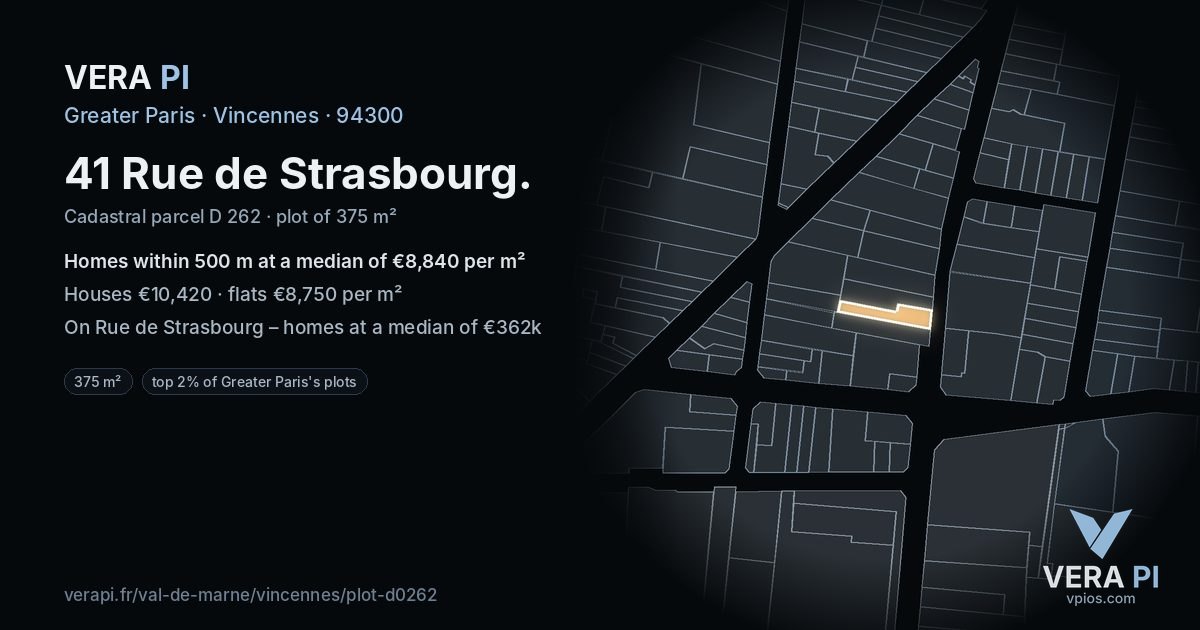 41 Rue de Strasbourg, Vincennes at night – the plot lit, the parcels around coloured by the prices near them