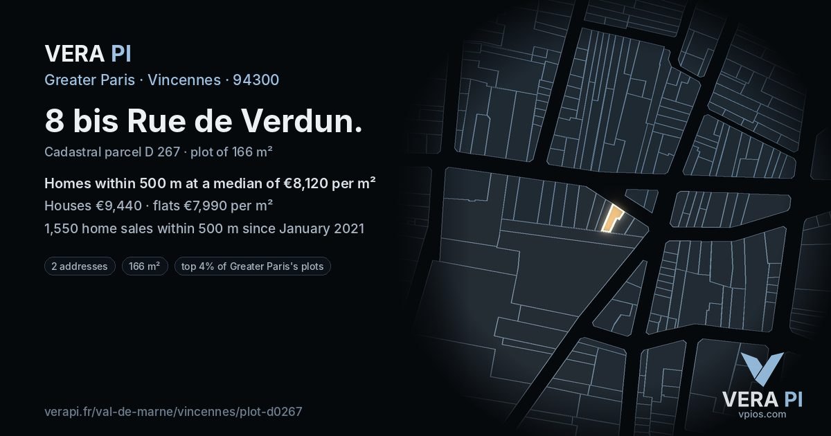 8 bis Rue de Verdun, Vincennes at night – the plot lit, the parcels around coloured by the prices near them