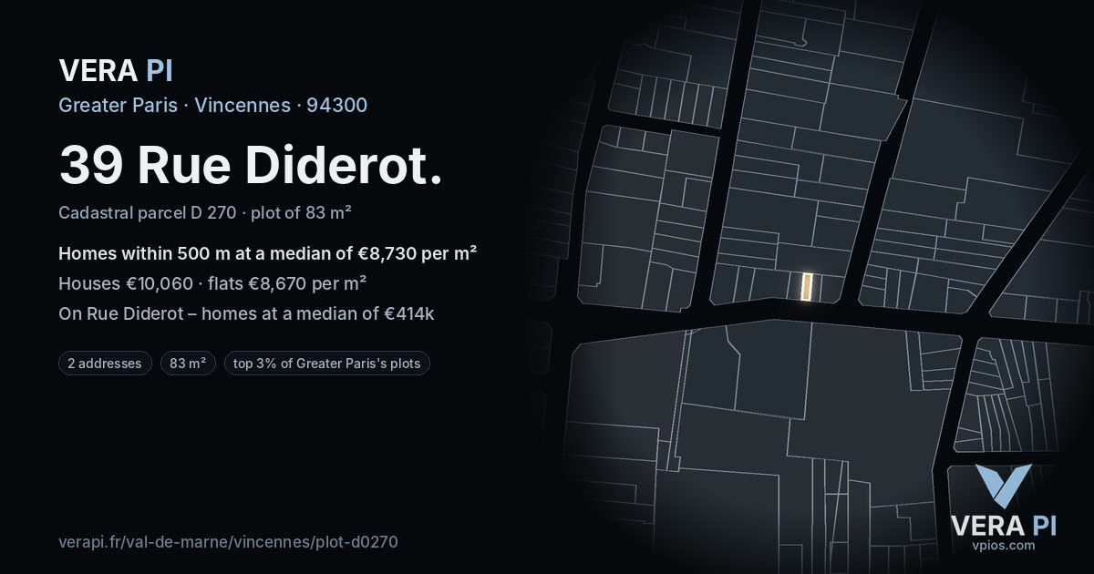 39 Rue Diderot, Vincennes at night – the plot lit, the parcels around coloured by the prices near them