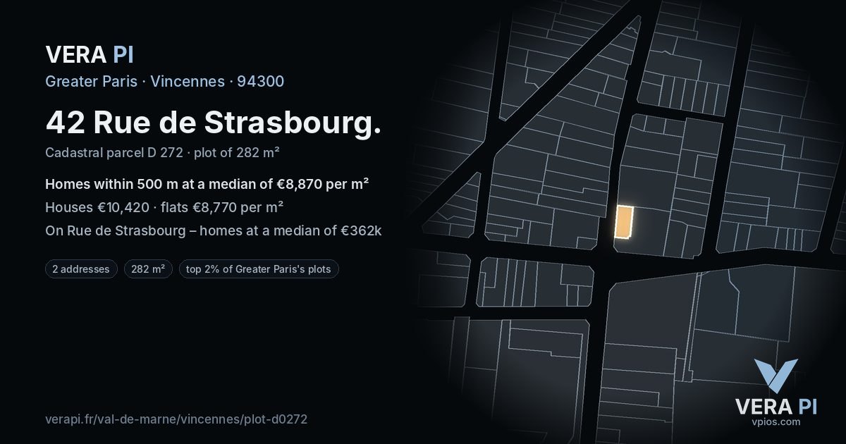 42 Rue de Strasbourg, Vincennes at night – the plot lit, the parcels around coloured by the prices near them
